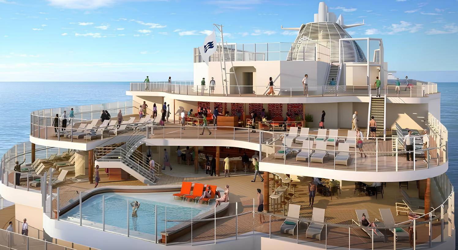 飛航郵輪尾跡泳池 - 在船尾可以享受無邊際的 Wakeview 泳池以及酒吧提供壯觀的地平線景色。