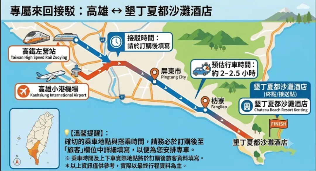 墾丁夏都沙灘酒店 ↔︎ 高雄左營高鐵站 / 高雄小港機場