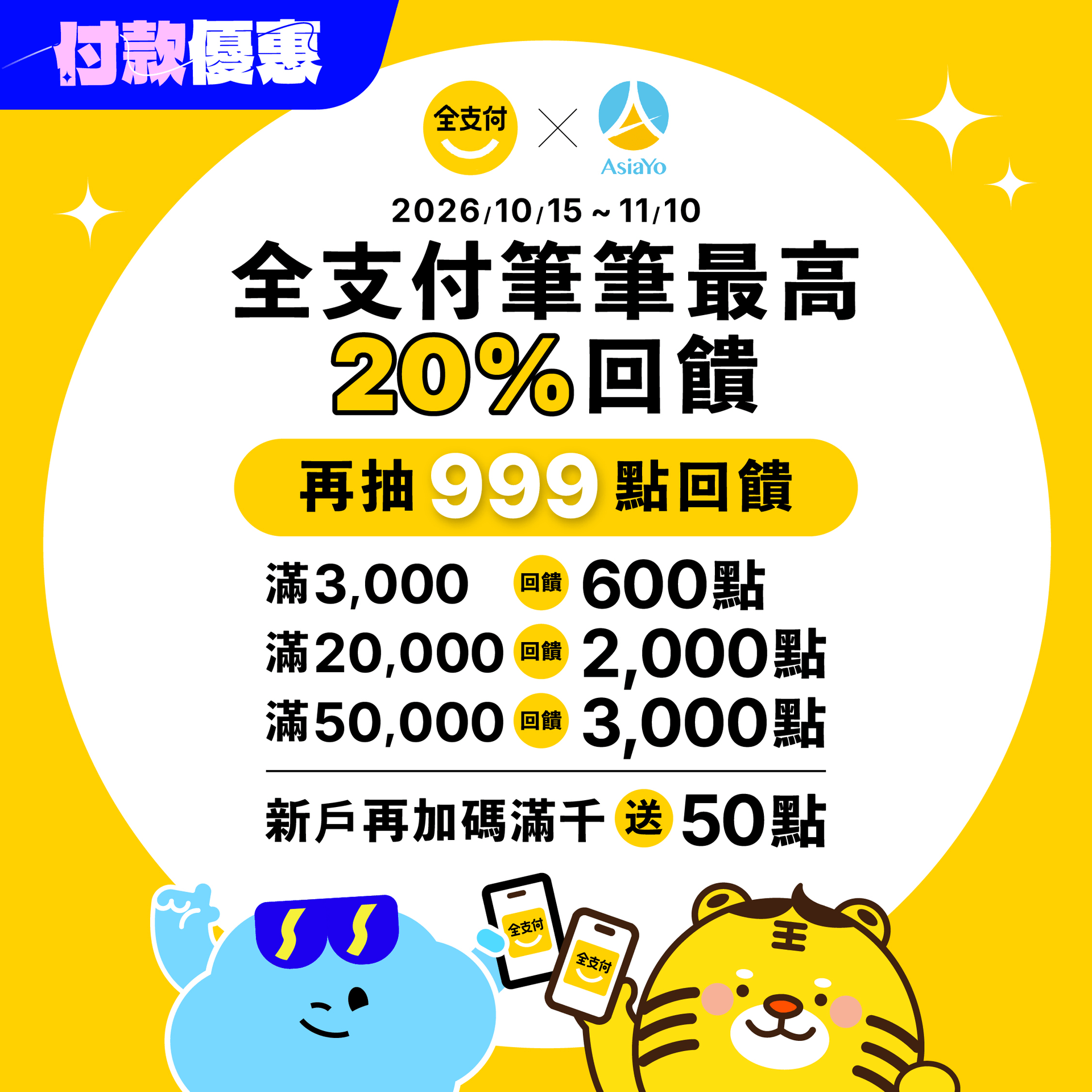 全支付付款優惠：2026/10/15–11/10 全支付筆筆最高 20% 回饋，滿 $3,000 回饋 600 點、滿 $20,000 回饋 2,000 點、滿 $50,000 回饋 3,000 點，新戶滿千再送 50 點，再抽 999 點回饋